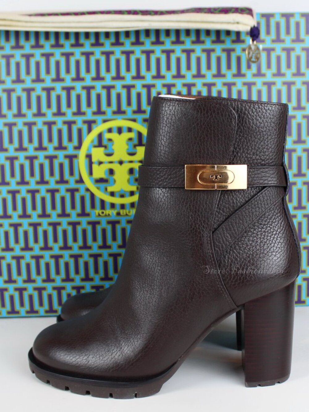 New TORY BURCH T Gold Tone Hardware Zip Round Toe Heeled Leather Ankle Boots